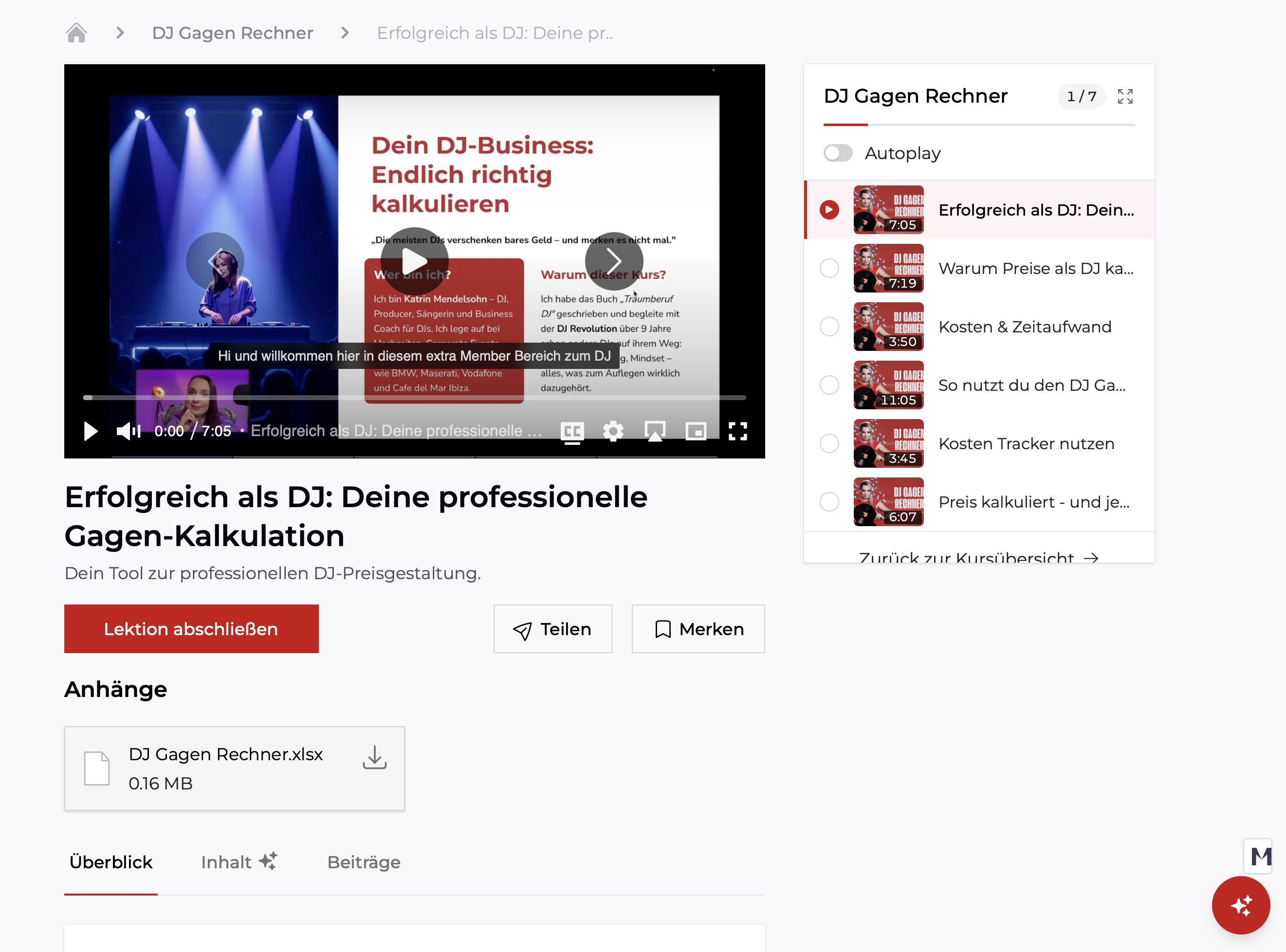 Kursansicht im Memberspot — DJ Gagen Rechner, 7 Lektionen