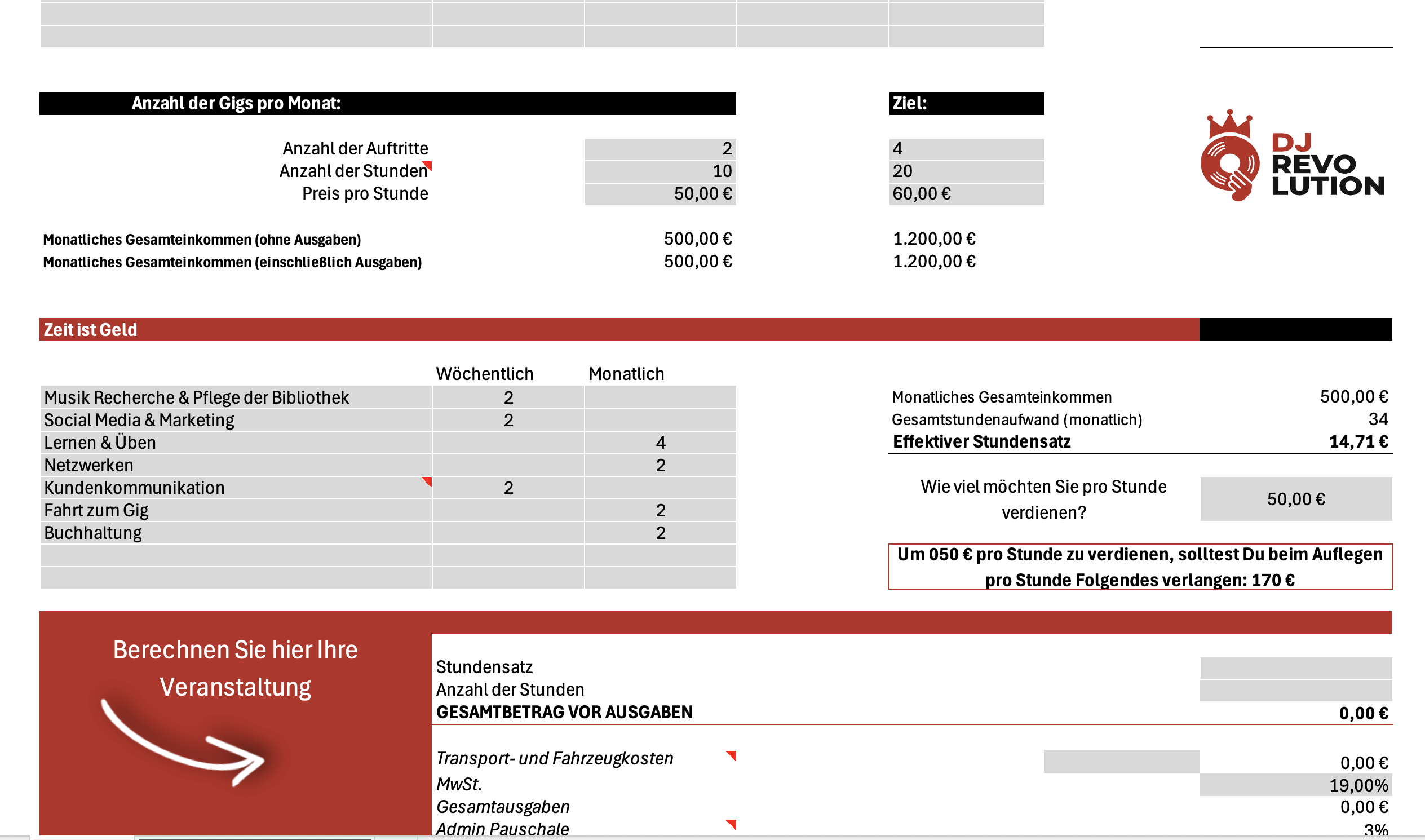 DJ Gagen Kalkulator — Monats-Pricing + Effektiver Stundensatz + Event-Kalkulator